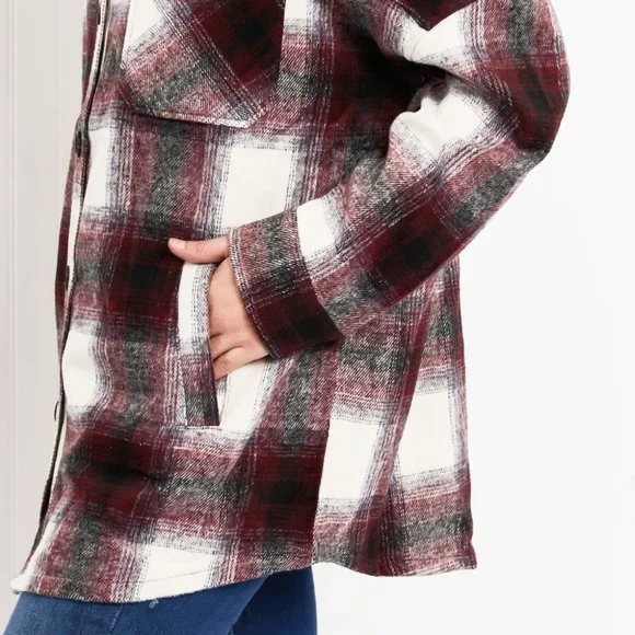 Zenana Autumn Evening Full Size Plaid Longline Shacket in Burgundy - Picture 9 of 9